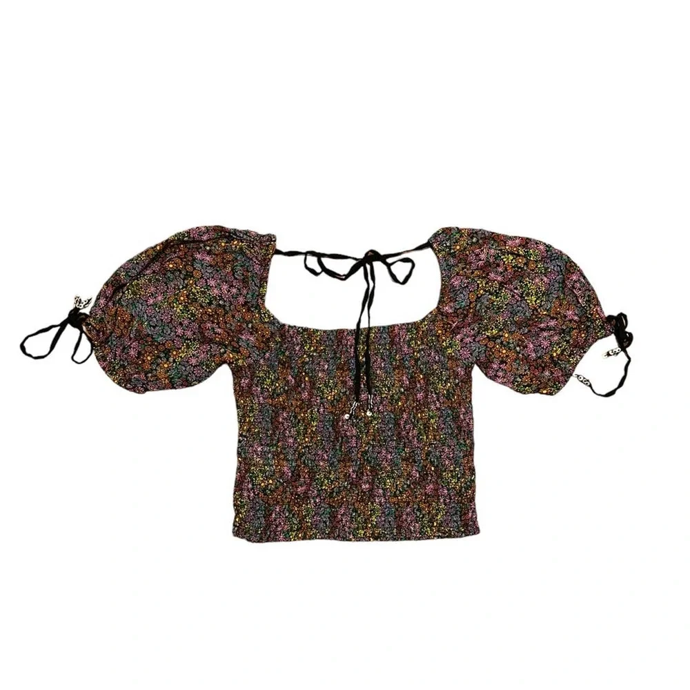 NEW Free People Back On Top Smocked Puff Sleeve Cropped Blouse Black Combo XS